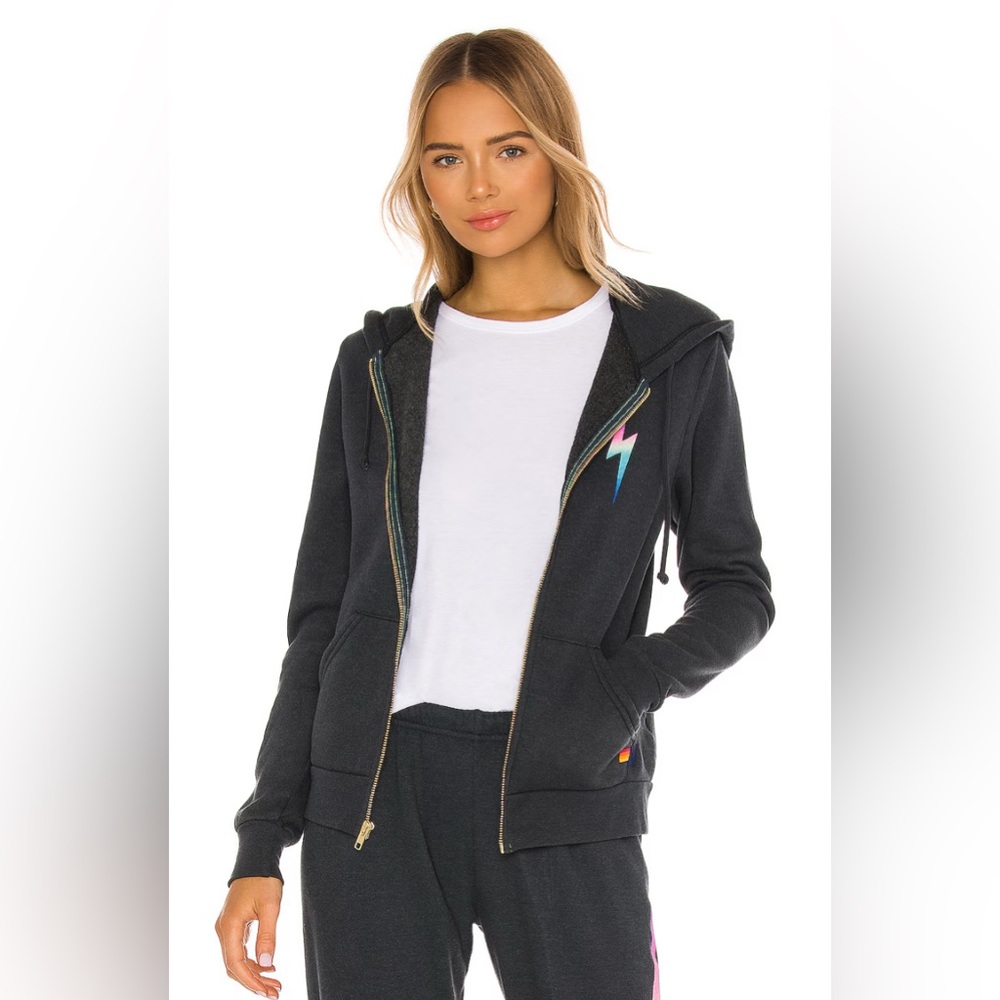 AVIATOR NATION Bolt Zip Hoodie (Charcoal/Rainbow Pink)